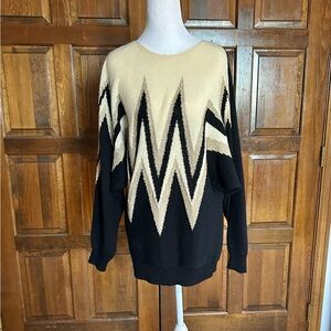 Cezanne Vintage 80’s Sweater Black Gold Geometric Pattern Pullover Size Large